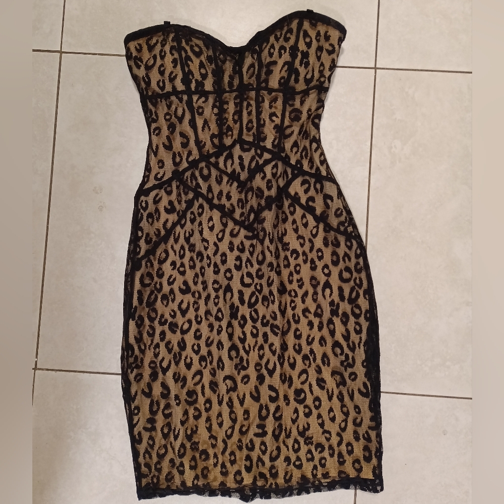 bebe Strapless Leopard Lace-Trim Dress in Tan and Black